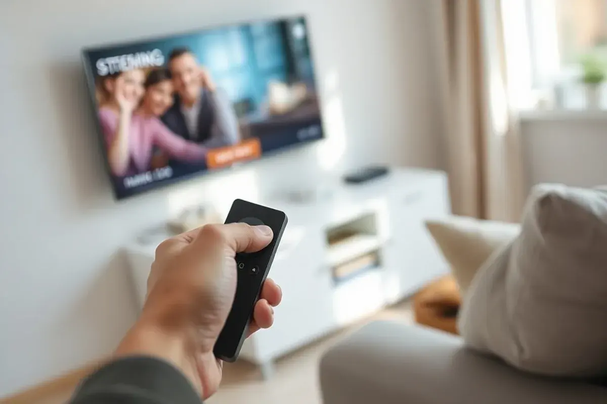 A hand holding a streaming remote in front of a smart TV during setup, bright room