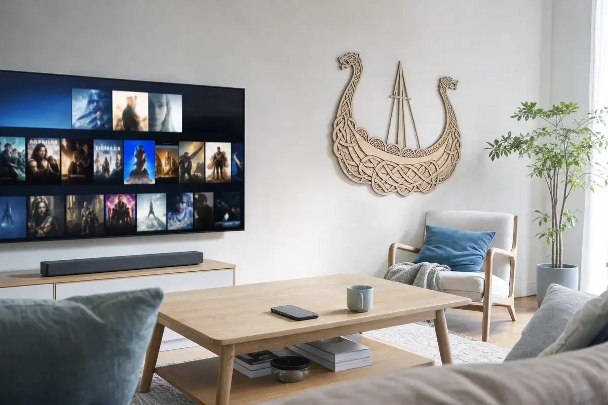 Large TV showing a tidy grid of channels, movies and series in a bright Nordic living room with Viking wall art