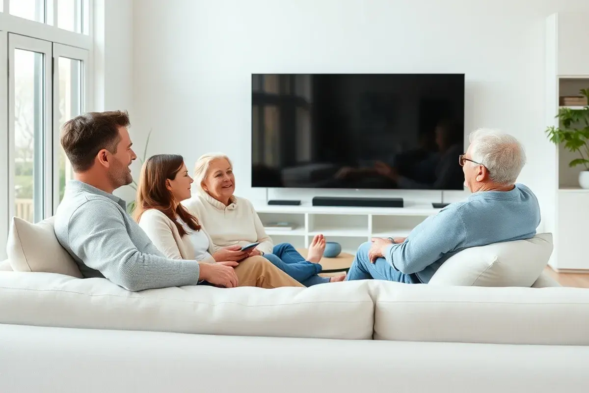 A multi-generational family watching TV together in a bright Scandinavian living room
