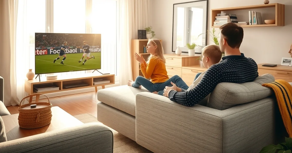 A family watching a live football match together on a TV in a bright, sunlit Scandinavian-style living room