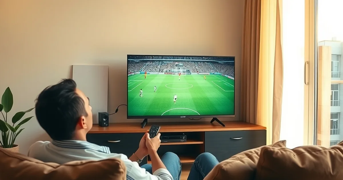 A person setting up a streaming device on a TV in a bright living room, with a soccer match visible on screen