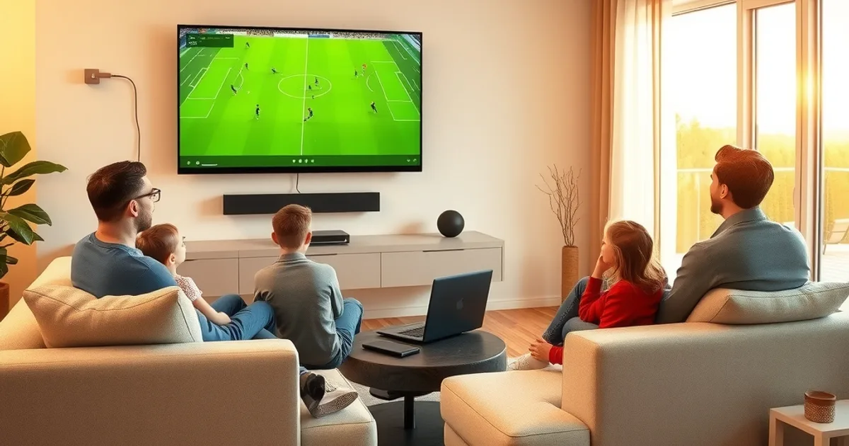 A family relaxing on a sofa in a bright Nordic-style living room watching a football match in crisp 4K on a large TV, with a router and Ethernet cable visible nearby