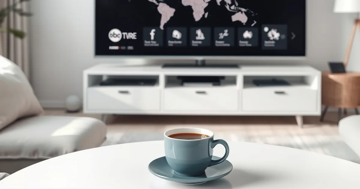 A smart TV in a bright Nordic living room showing a world map style channel guide