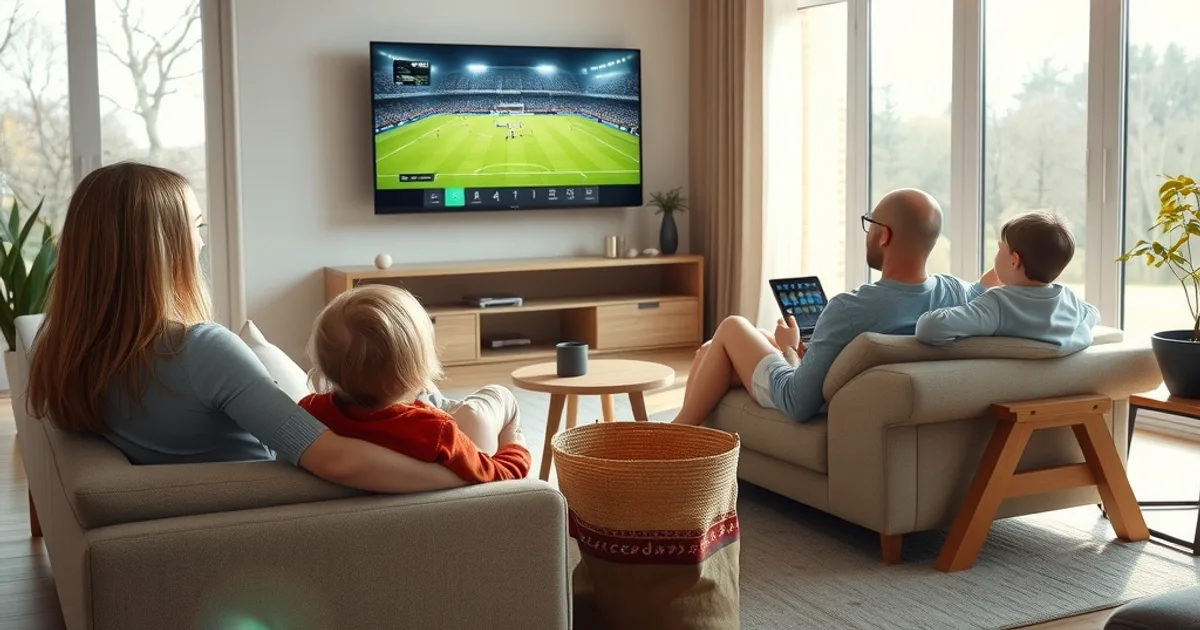 A family relaxes on a sofa in a bright, sunlit Scandinavian living room while watching a football match together on a smart TV.