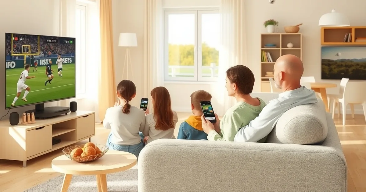 A Nordic family sitting together on a sofa in a bright, sunlit living room watching a football match on TV