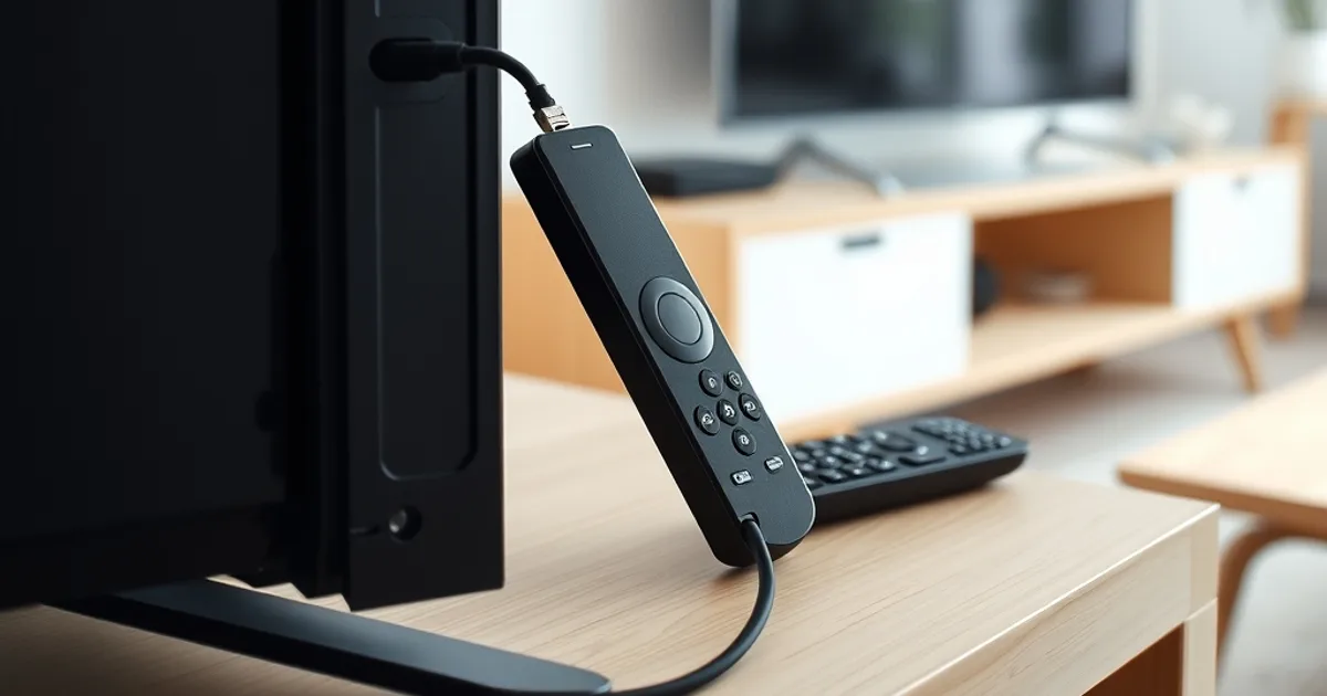 A Fire TV streaming stick plugged into the back of a TV, remote resting nearby, bright room