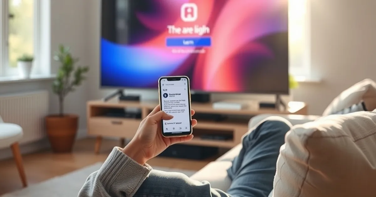 A person on a sunlit living room sofa checking a phone with a confirmation message while a TV in the background shows a streaming app login screen.