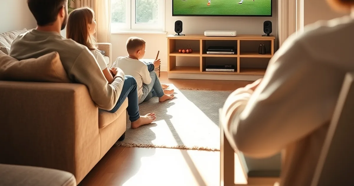 A family watching a football match on a living room TV while a second television is visible playing sports in another room of the same bright, modern home