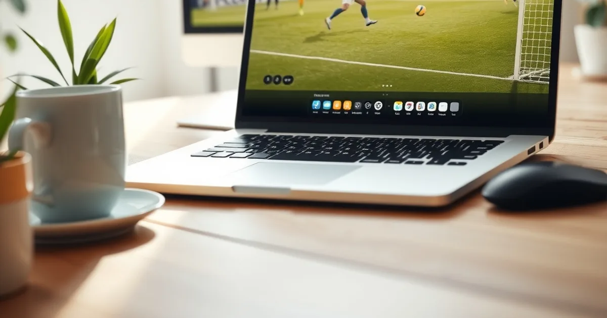 A Windows laptop on a desk streaming a football match in a bright, naturally lit home office
