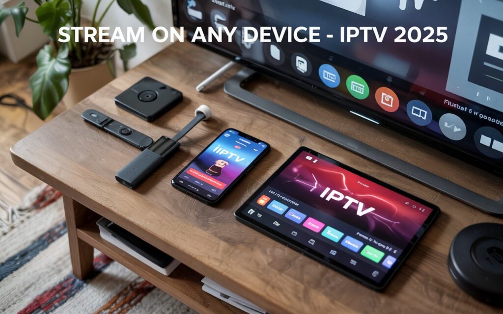 A flat lay image showing IPTV running on Firestick, smartphone, Android TV box, and tablet, representing multi-device streaming options in 2025.