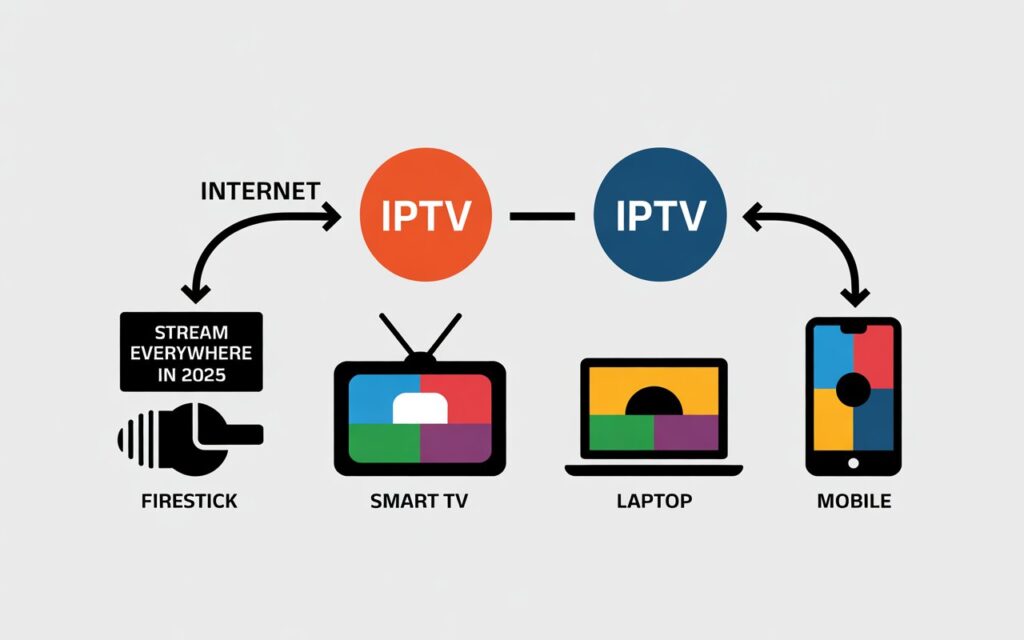 A simple flowchart showing IPTV streaming from the internet to devices like Firestick, Smart TV, laptop, and mobile, highlighting multi-device compatibility in 2025.